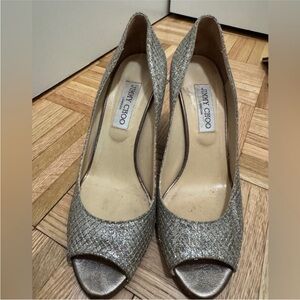 Jimmy Choo Glittering Silver Peep Toe Heels